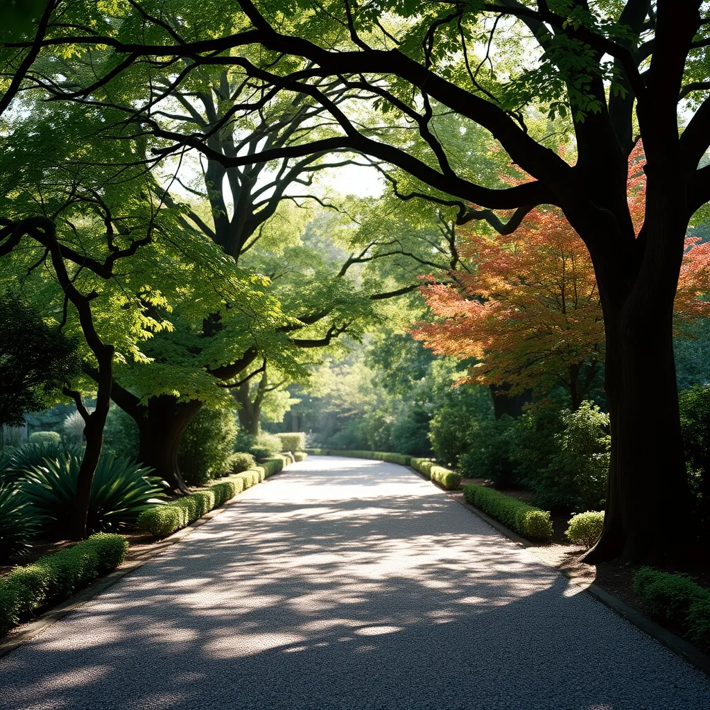L'allée principale du jardin bordée de ginkgos centenaires et d'érables du Japon