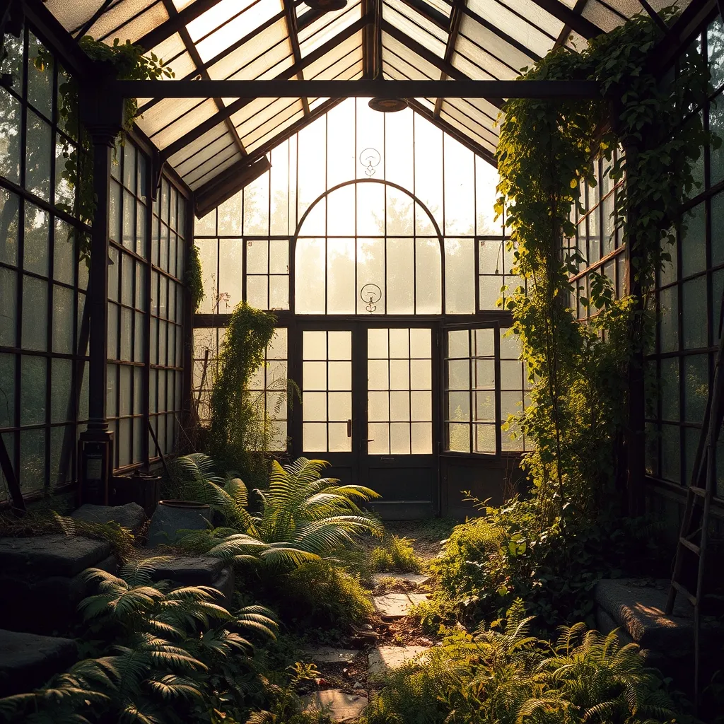 Les anciennes serres tropicales, partiellement restaurées, conservent leur charme de ruine végétale