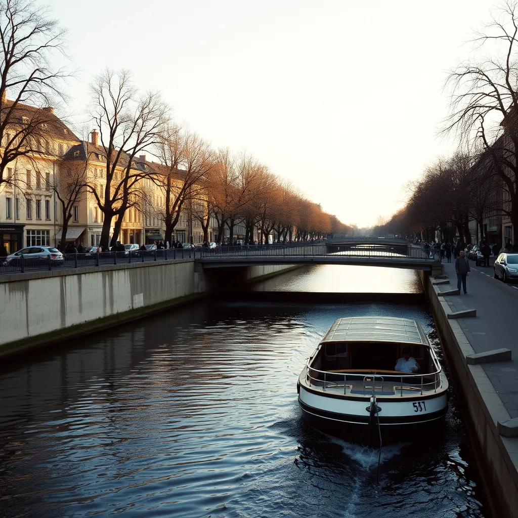 Passage d'une péniche dans une écluse du canal Saint-Martin, entre passerelles métalliques et platanes