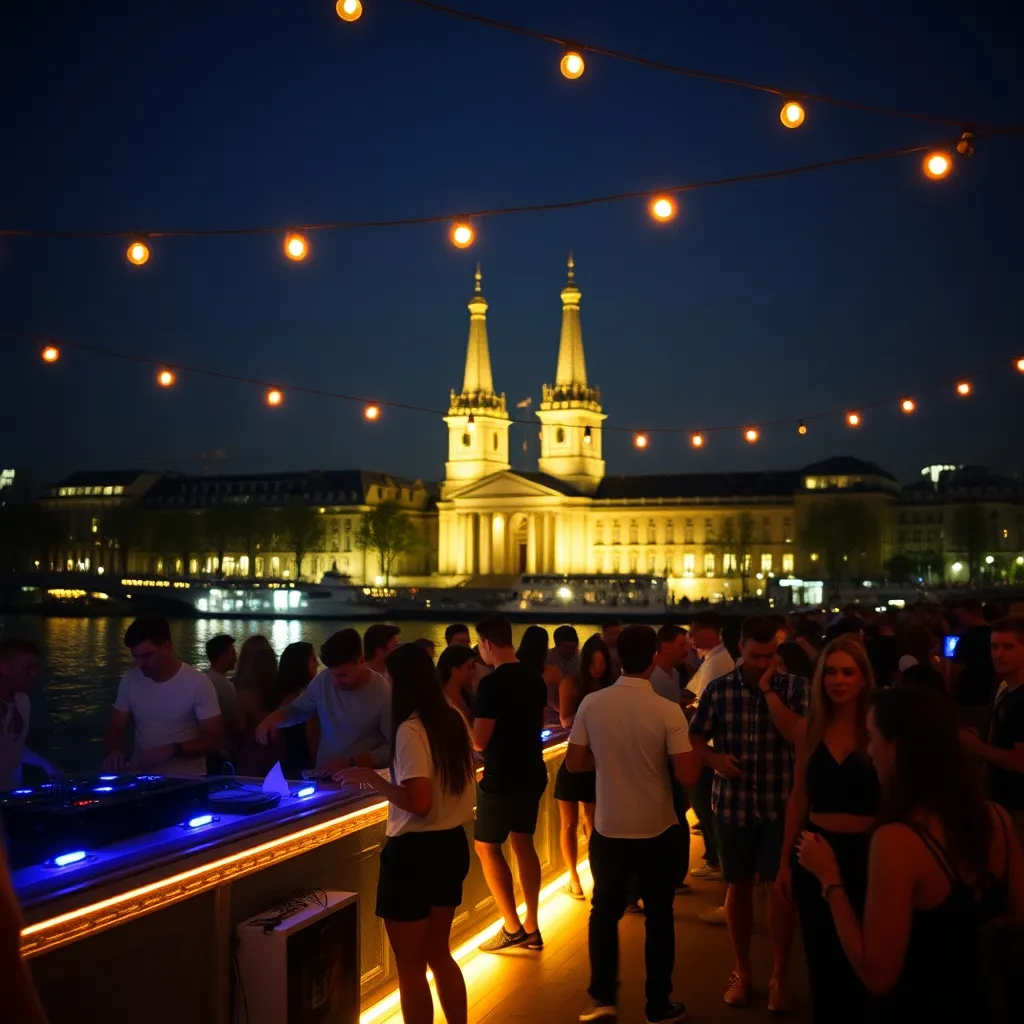 Soirée sur le pont d'une péniche-club du 13e arrondissement, avec vue sur la BnF illuminée