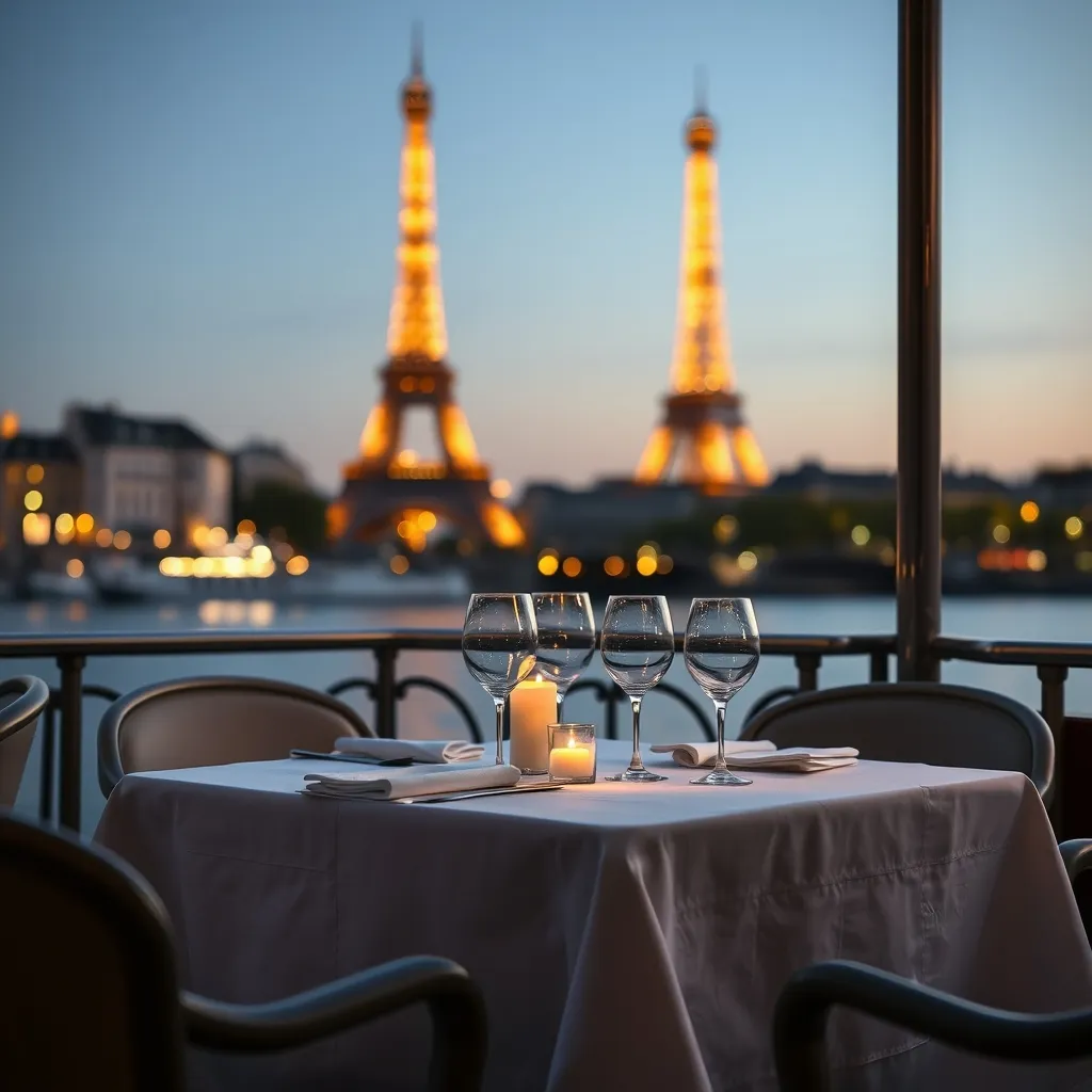 Table dressée pour un dîner sur une péniche parisienne, la Tour Eiffel en toile de fond