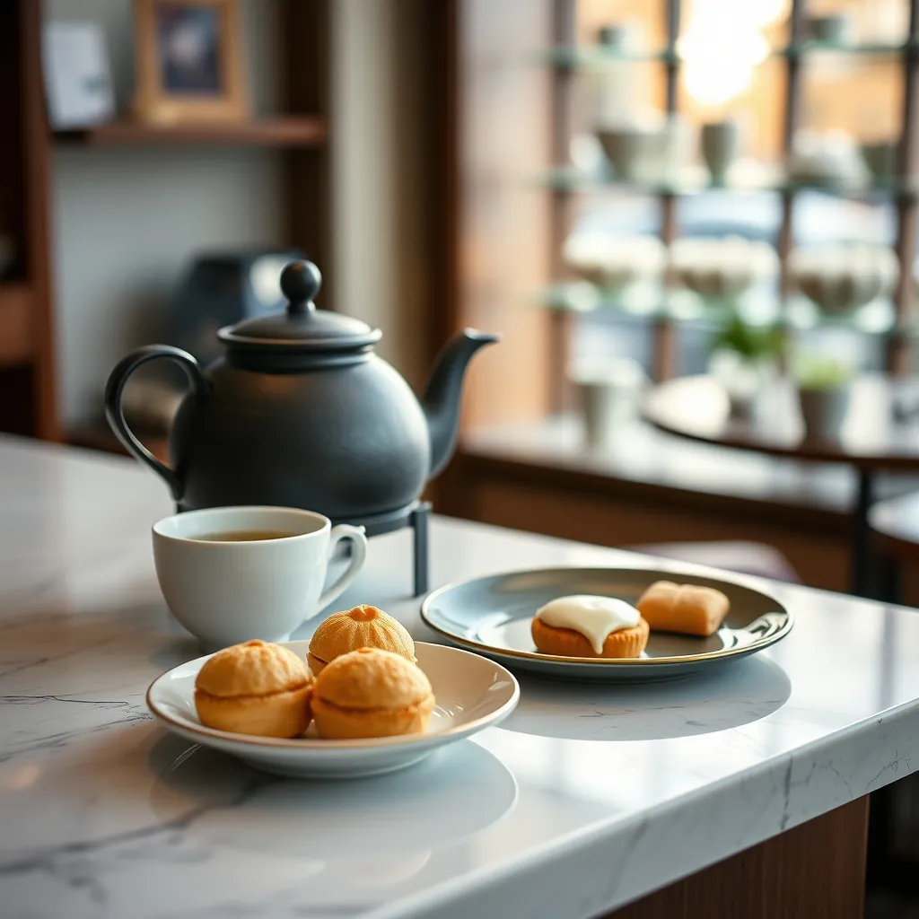 Service de thé vert japonais accompagné de pâtisseries maison au Jardin de Mademoiselle