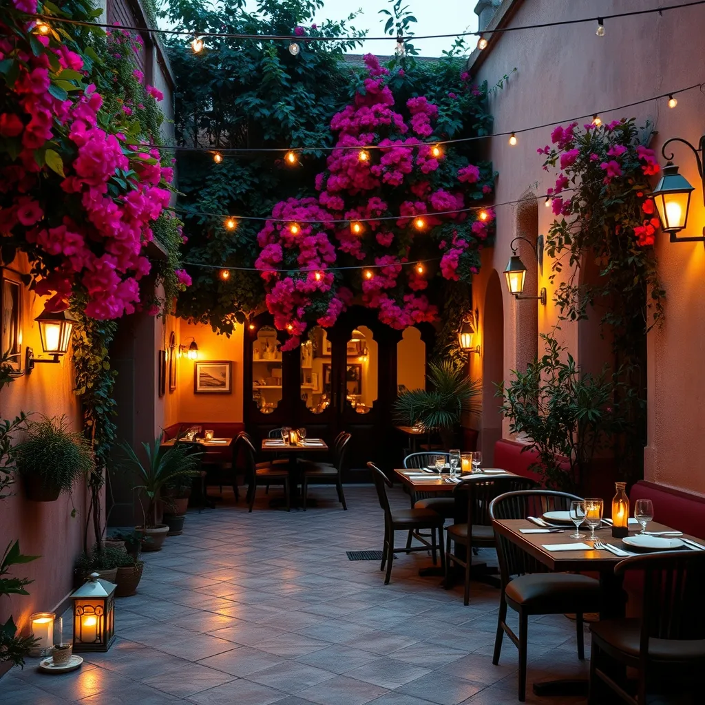 L'ambiance intimiste de la cour intérieure du Jardin en soirée, entre lanternes et bougainvilliers