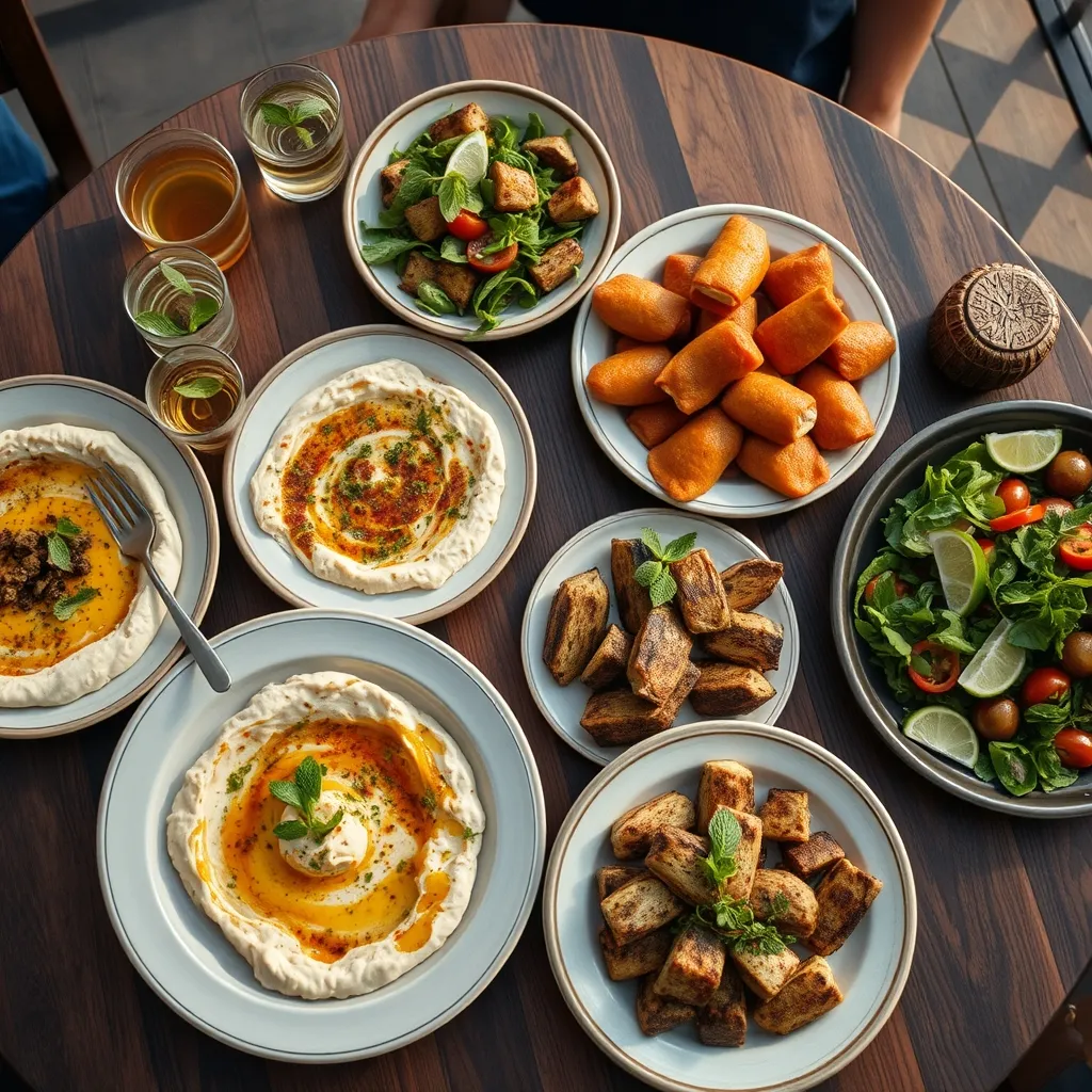 Une sélection de mezze méditerranéens à partager, accompagnés du traditionnel thé à la menthe