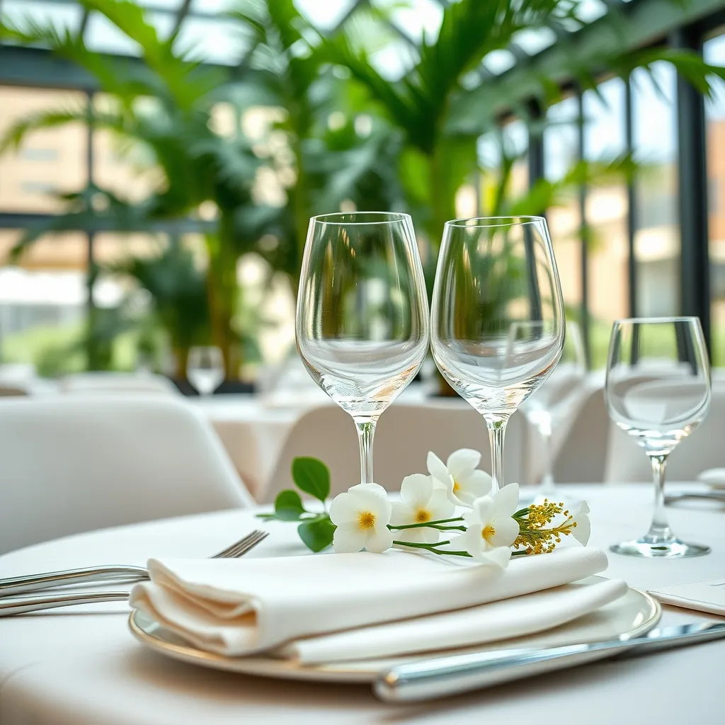 Détail d'une table dressée au Jardin RH avec couverts en inox et fleurs fraîches