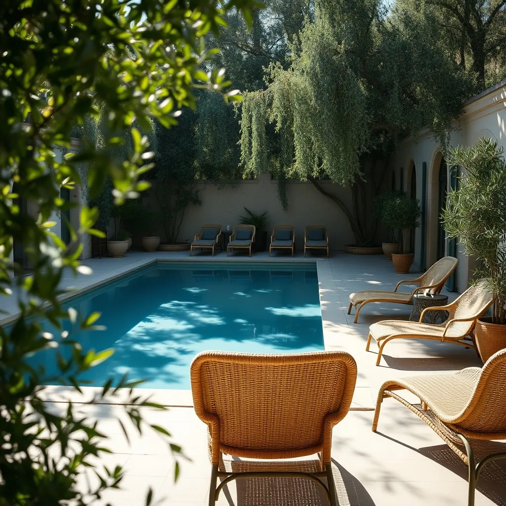 La piscine chauffée du Jardin SAX, entourée d'oliviers et de transats en teck