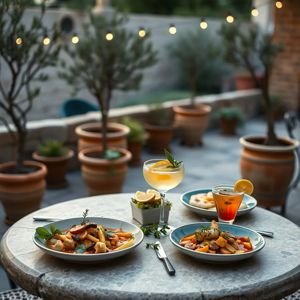 Assiettes méditerranéennes et cocktails signature servis dans le jardin de l'Hôtel SAX