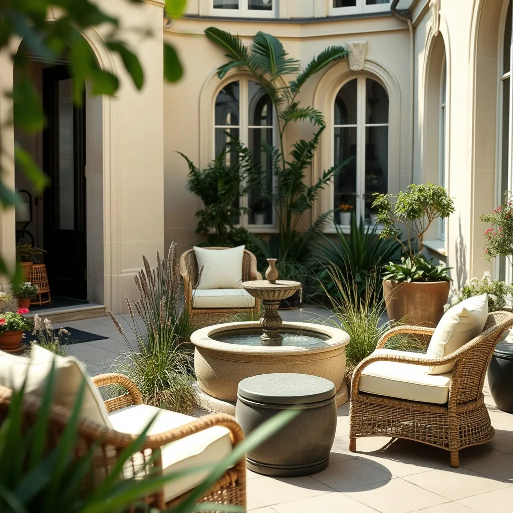 L'espace lounge du Jardin Sax avec son mobilier en rotin et ses massifs de graminées
