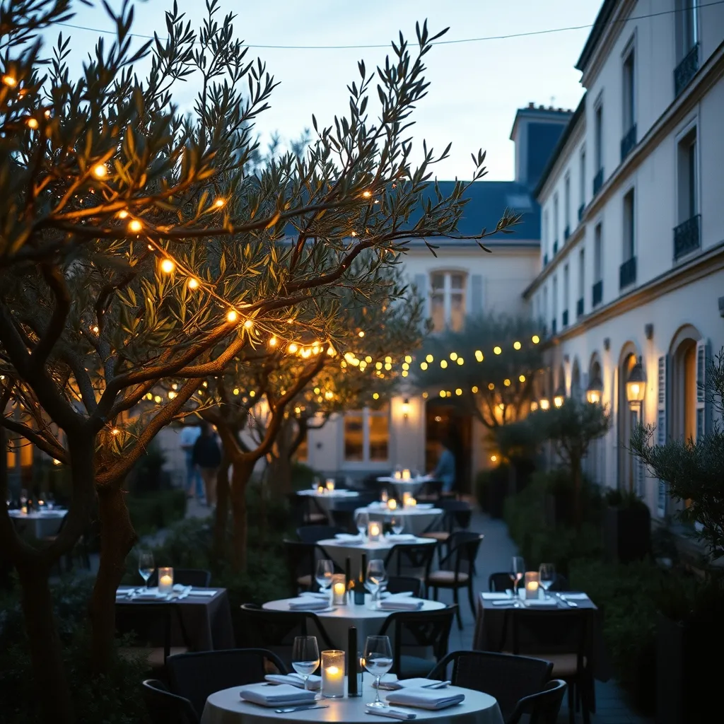 Le Jardin Sax en soirée, sous les guirlandes lumineuses entrelacées dans les oliviers