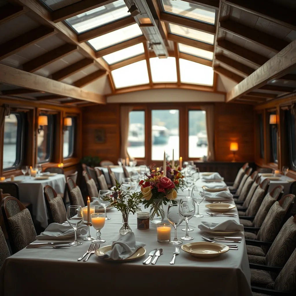 Table dressée pour un dîner d'anniversaire dans le salon intérieur d'une péniche