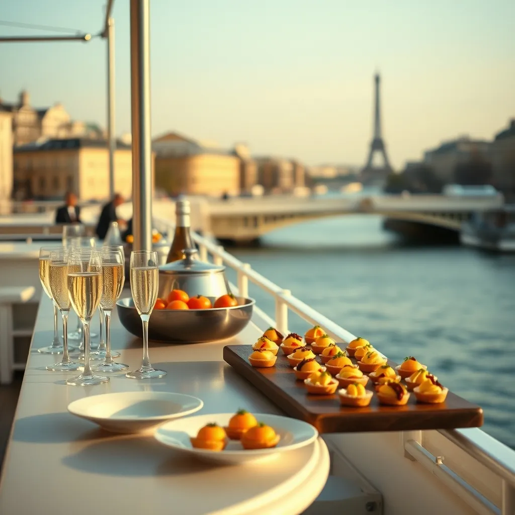 Buffet cocktail dressé sur le pont d'une péniche avec vue sur les ponts de Paris
