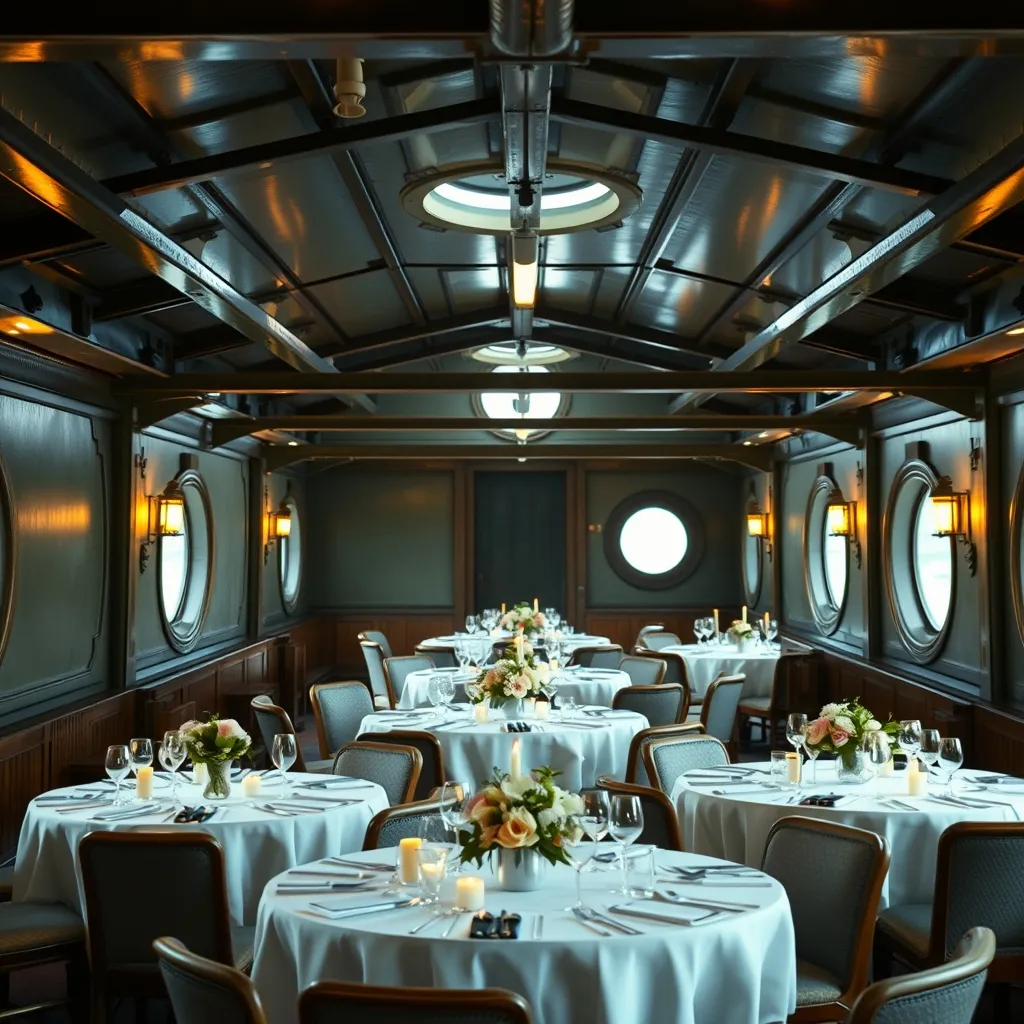 Salle de réception aménagée dans la cale d'une péniche Freycinet pour un dîner de mariage