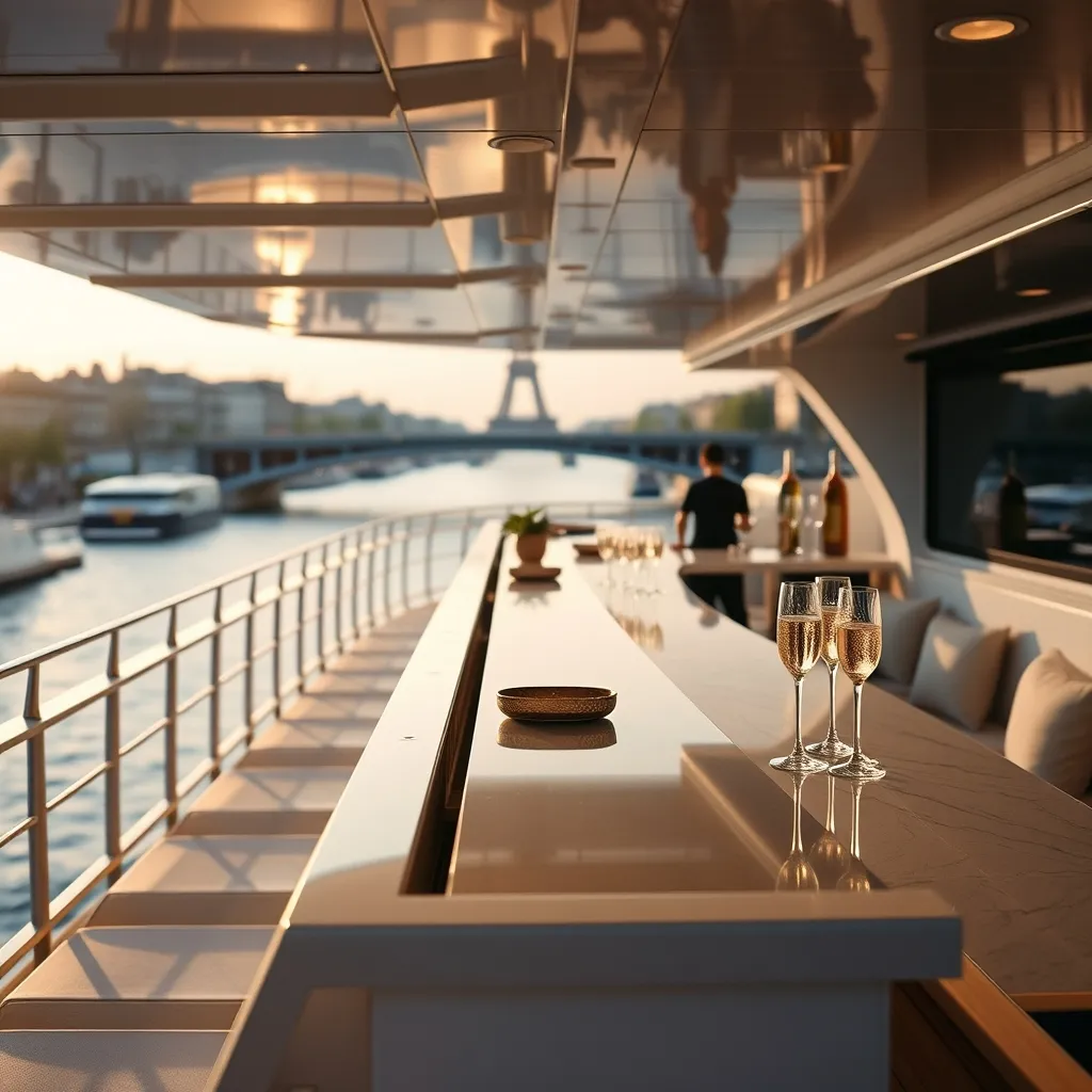 Pont supérieur d'un yacht fluvial préparé pour le cocktail de mariage face aux ponts de Paris