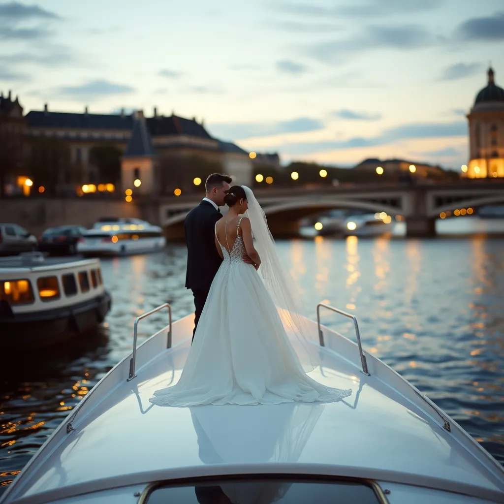 Couple de mariés sur la proue d'une péniche amarrée le long des quais parisiens à la tombée du jour