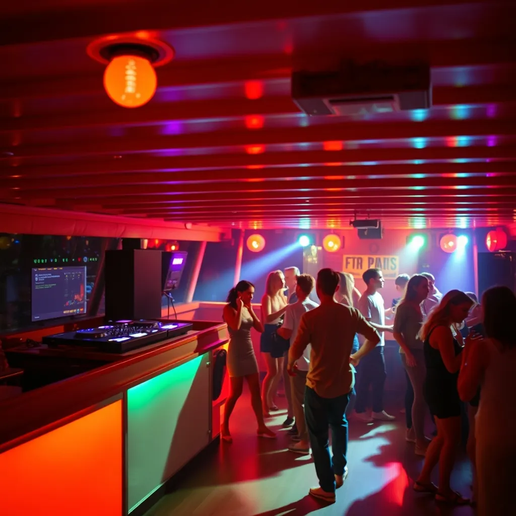 Piste de danse en cale d'une péniche parisienne lors d'une soirée privatisée