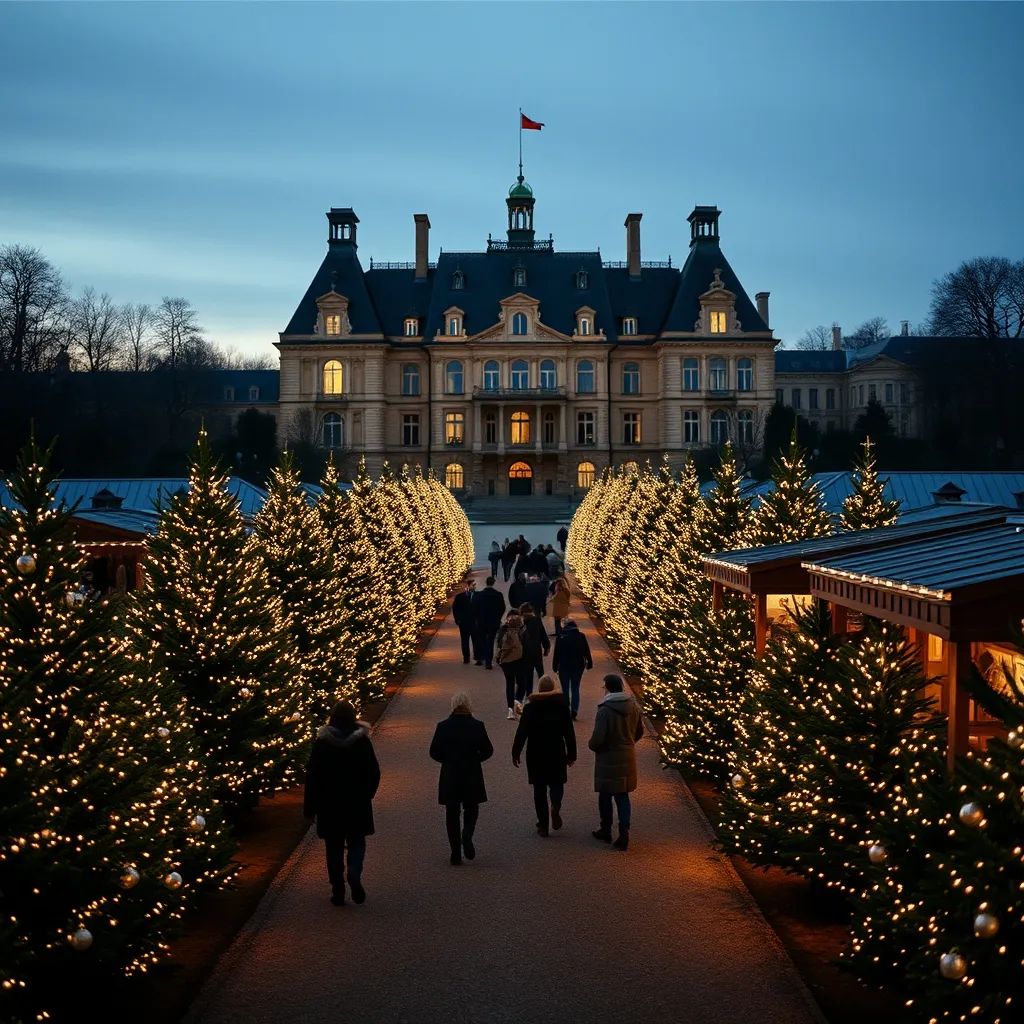 Le château de Vaux-le-Vicomte et ses sapins illuminés lors du marché de Noël 2023