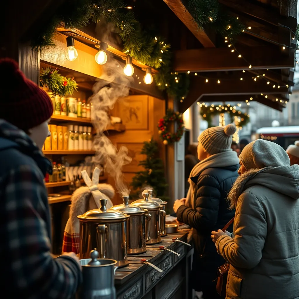Stand de vin chaud artisanal sur un marché de Noël francilien