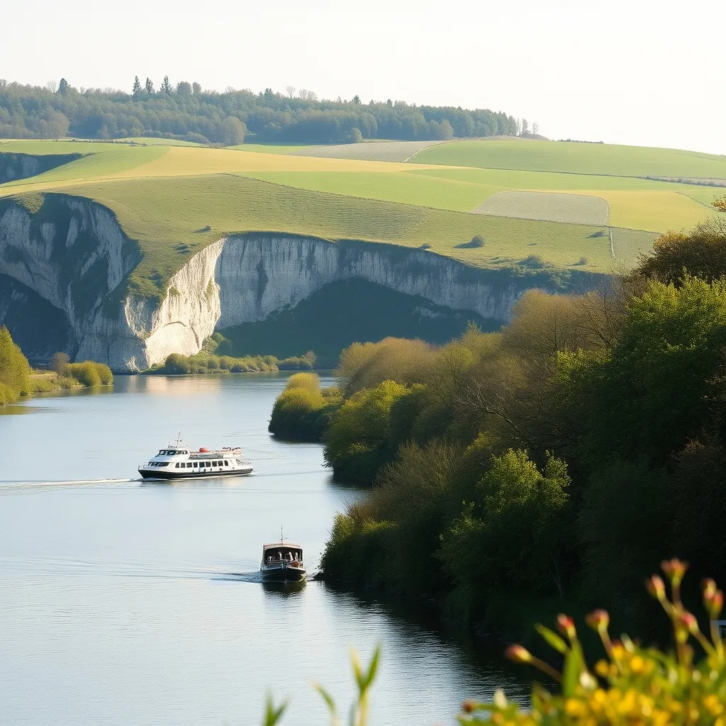 Les falaises crayeuses entre Rouen et La Bouille offrent un décor spectaculaire depuis le pont du bateau