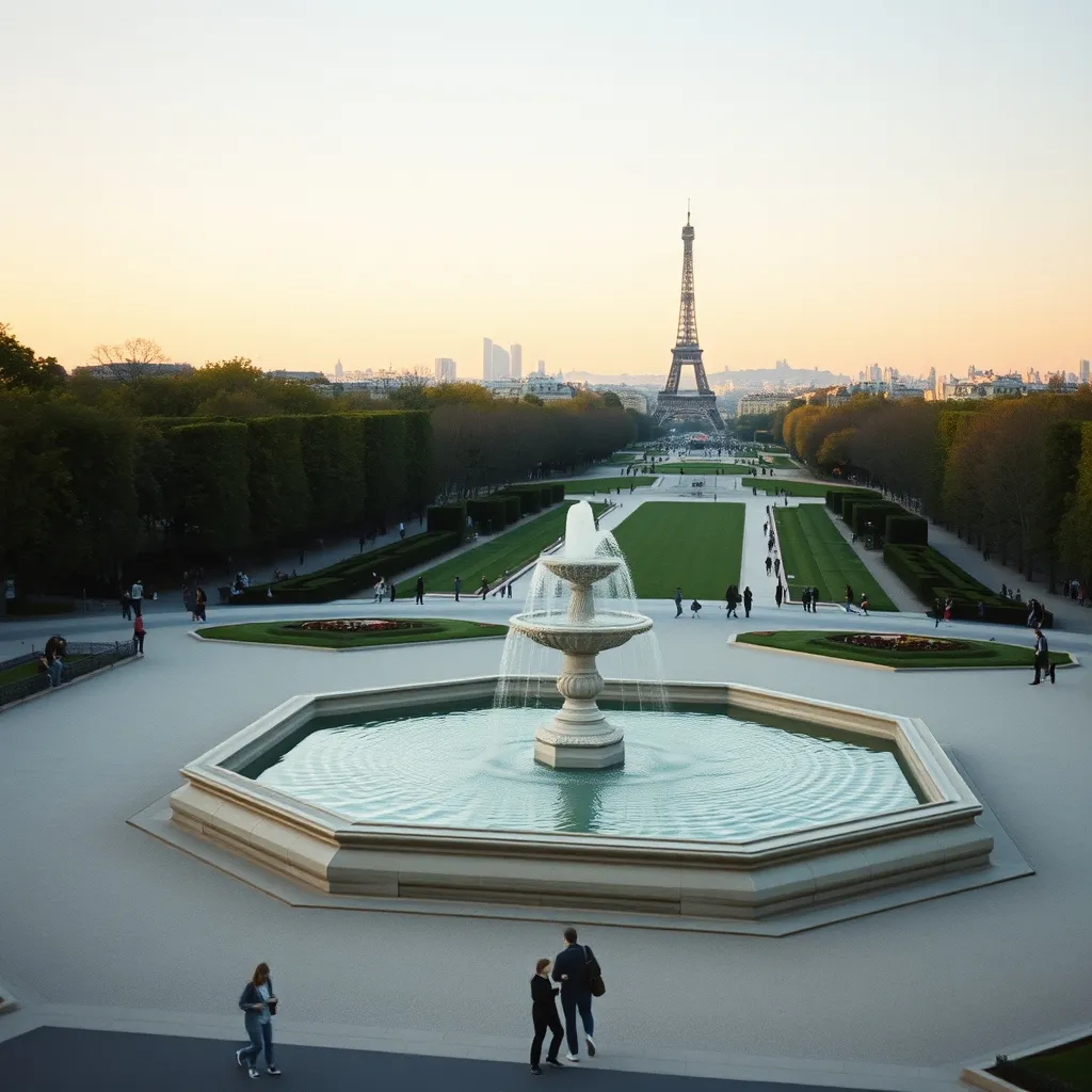 Vue depuis la terrasse de l'Orangerie sur le bassin octogonal et les perspectives du jardin des Tuileries