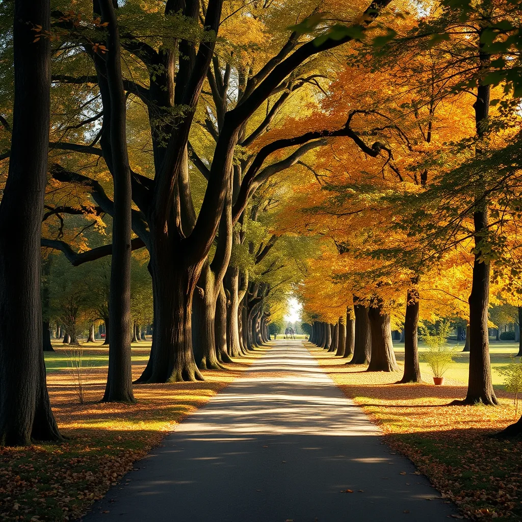Le parc boisé du domaine en automne, avec ses séquoias géants et ses sentiers sinueux