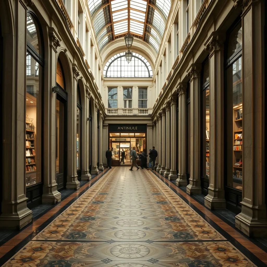 Mosaïques au sol et colonnes néoclassiques de la galerie Vivienne dans le 2e arrondissement