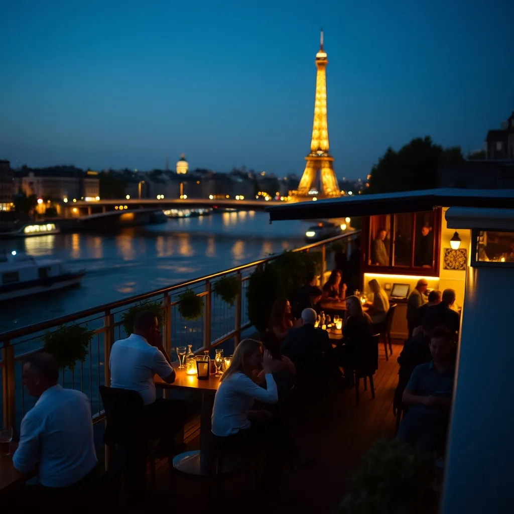 La terrasse sur le pont d'une péniche-club, entre cocktails et vue sur la Seine