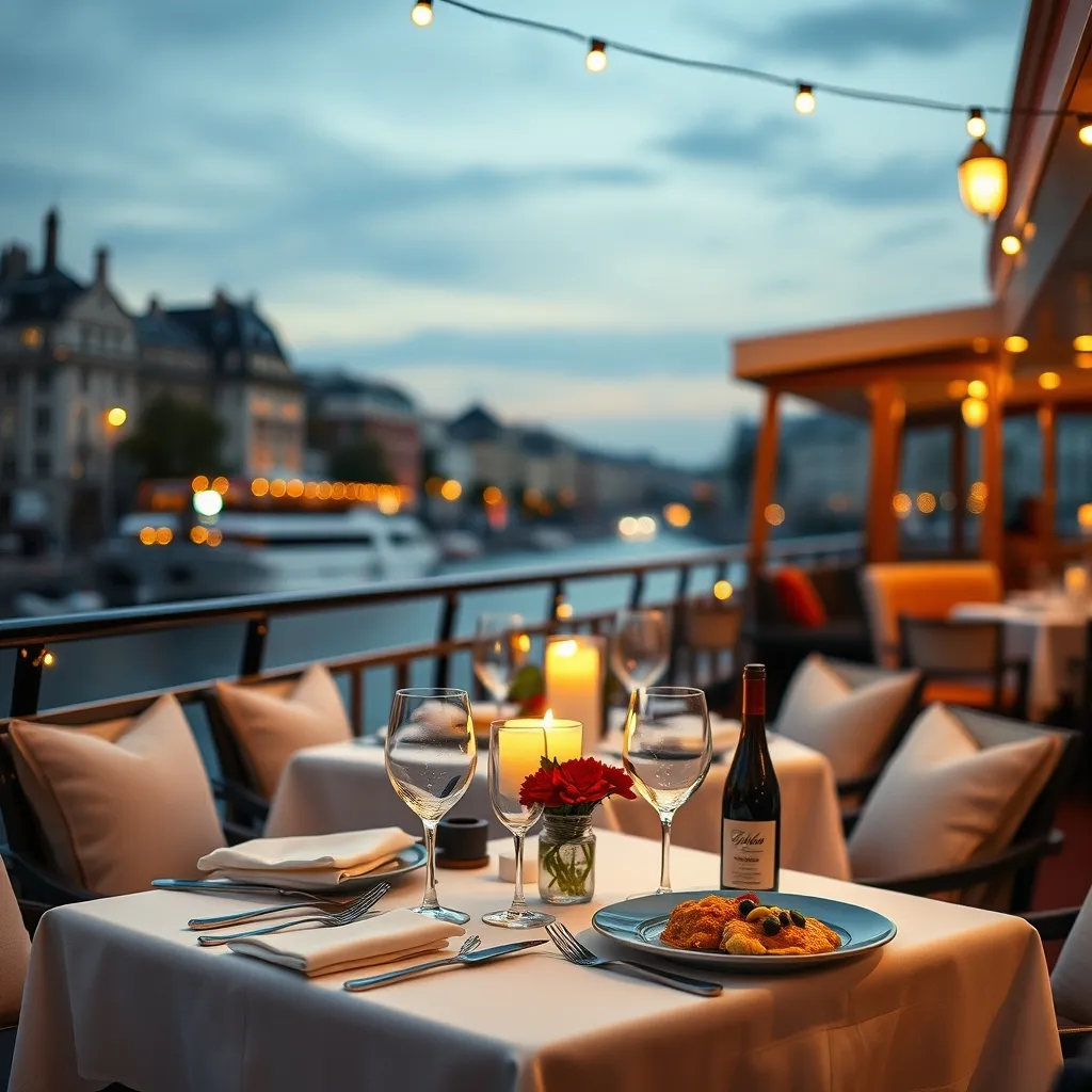 Table dressée sur le pont supérieur de la péniche, idéale pour les dîners d'été