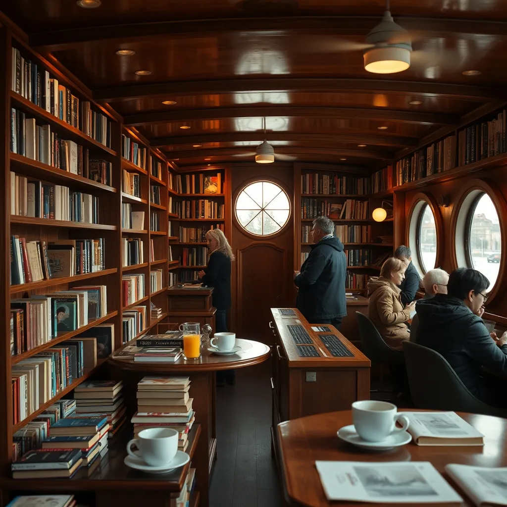 L'intérieur chaleureux d'une péniche-librairie, entre rayonnages et hublots