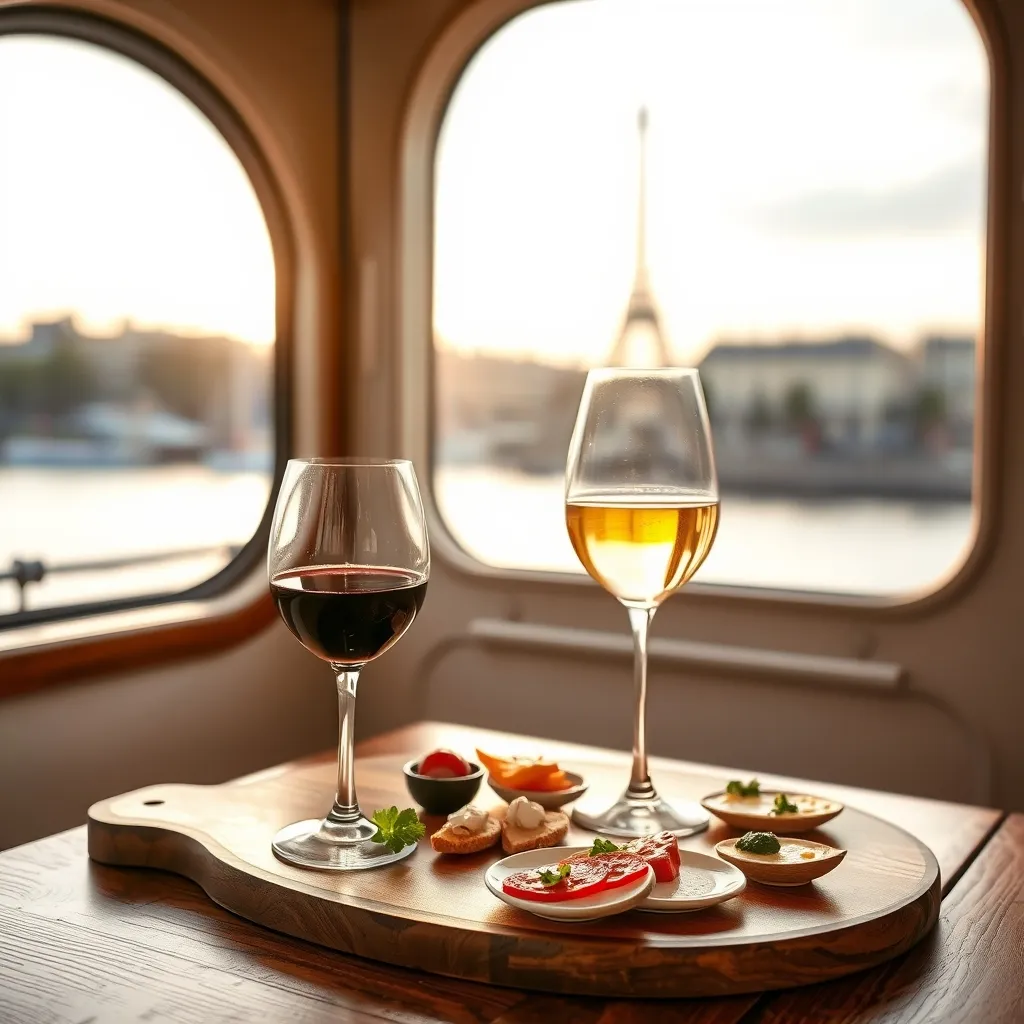 Verre de vin nature et planche de tapas sur le pont du Marcounet, vue sur la Seine