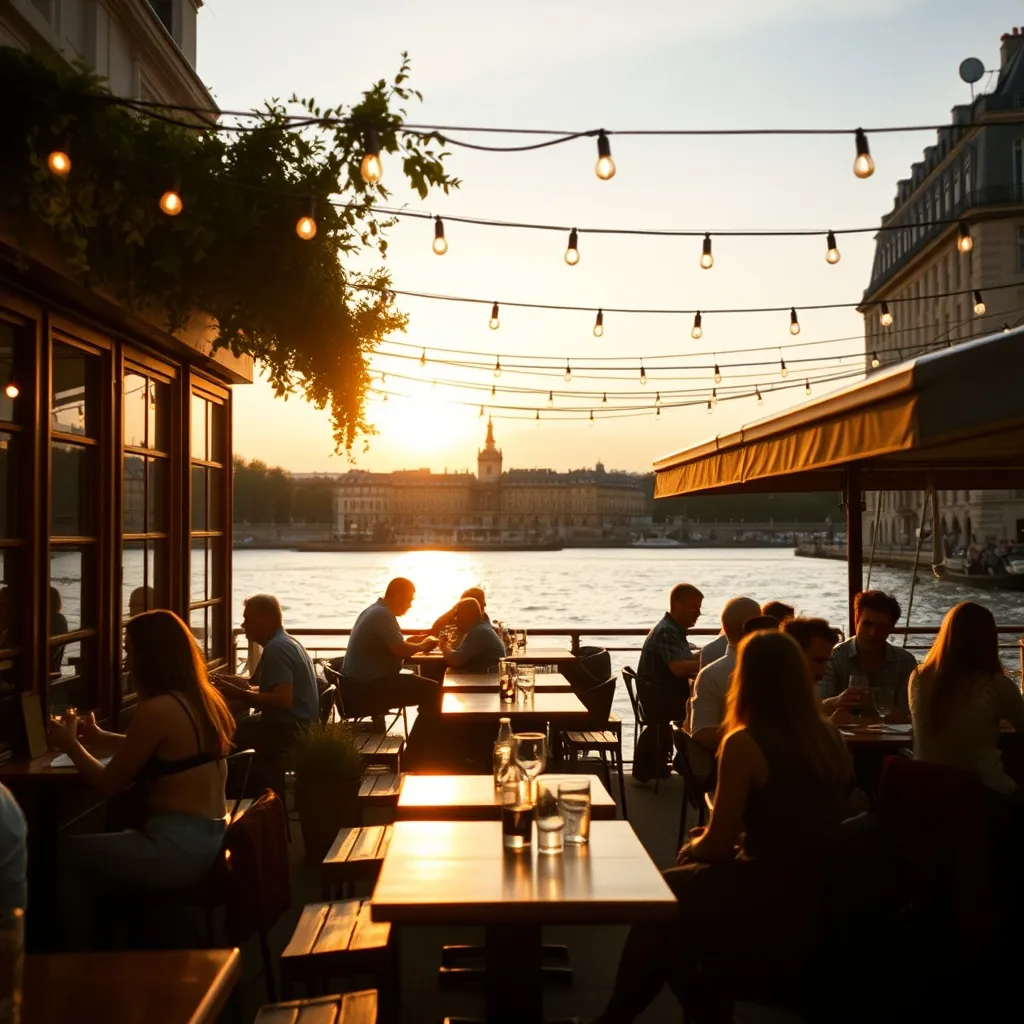 La terrasse extérieure du Marcounet avec vue sur l'île Saint-Louis en arrière-plan