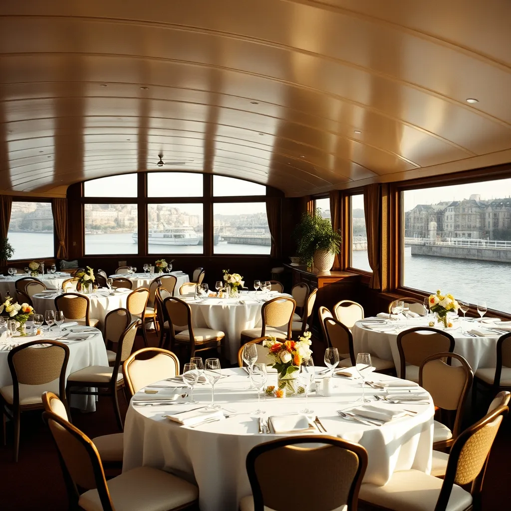 Le salon principal d'une péniche aménagé en salle de réception pour un dîner de mariage