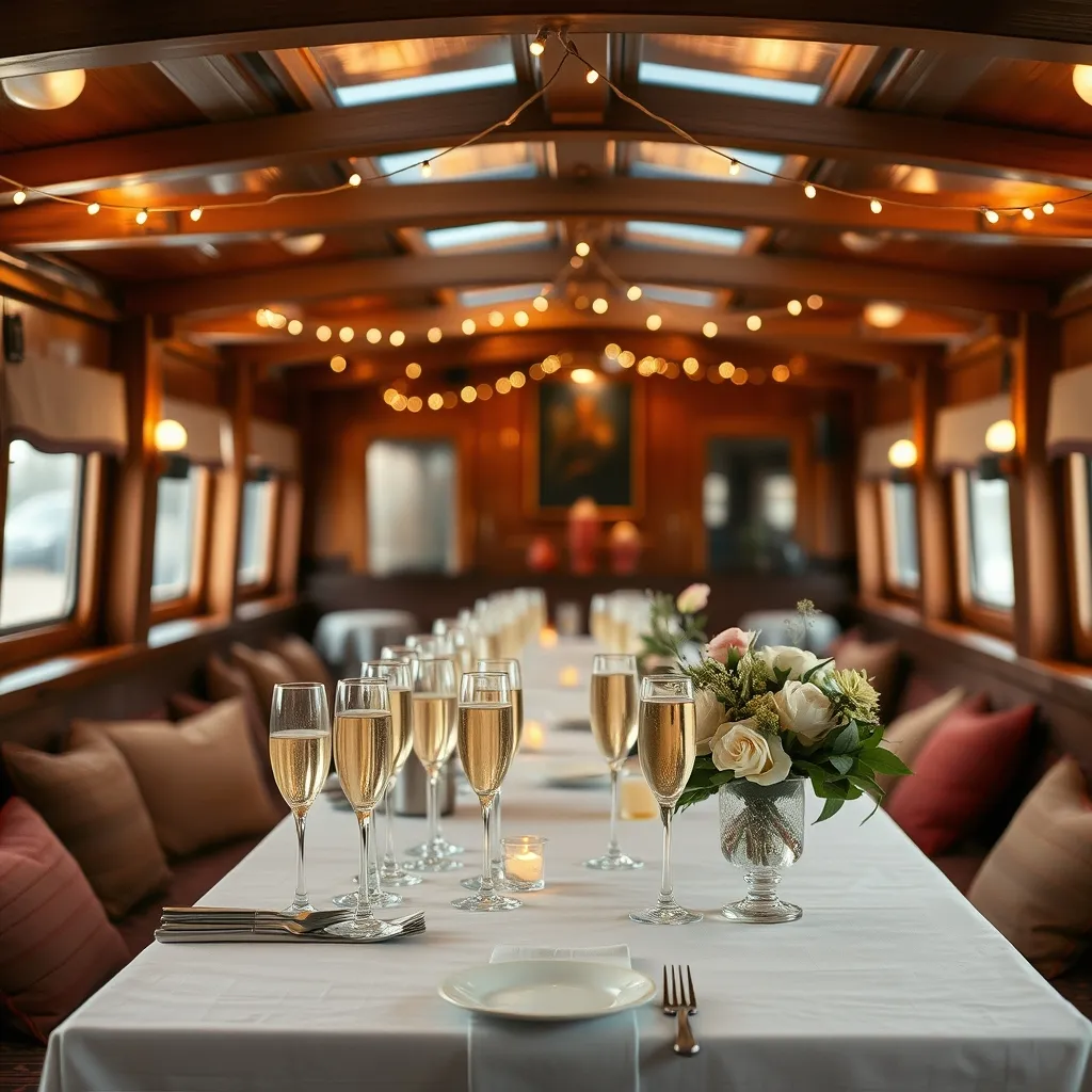 Aménagement intérieur d'une péniche parisienne préparée pour un cocktail privatisé