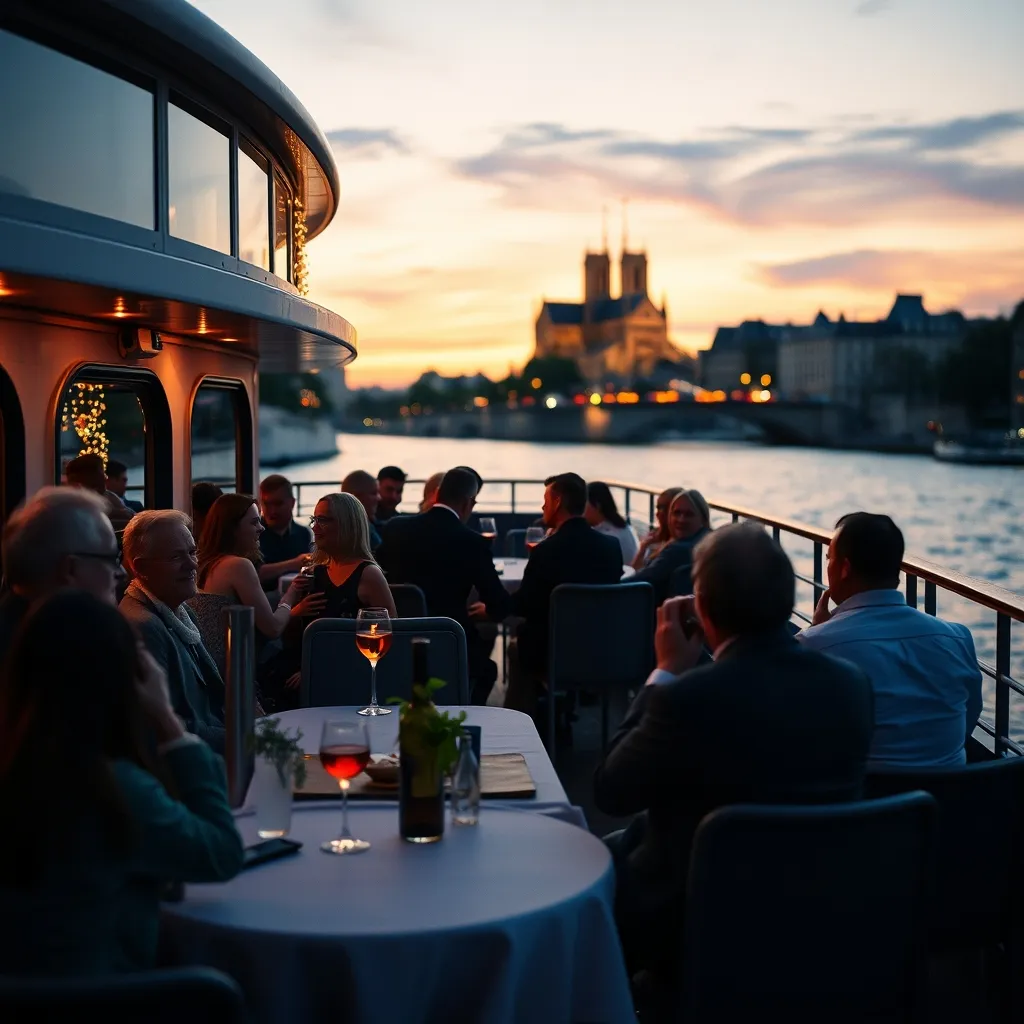 Le pont supérieur d'une péniche événementielle avec vue sur les monuments parisiens