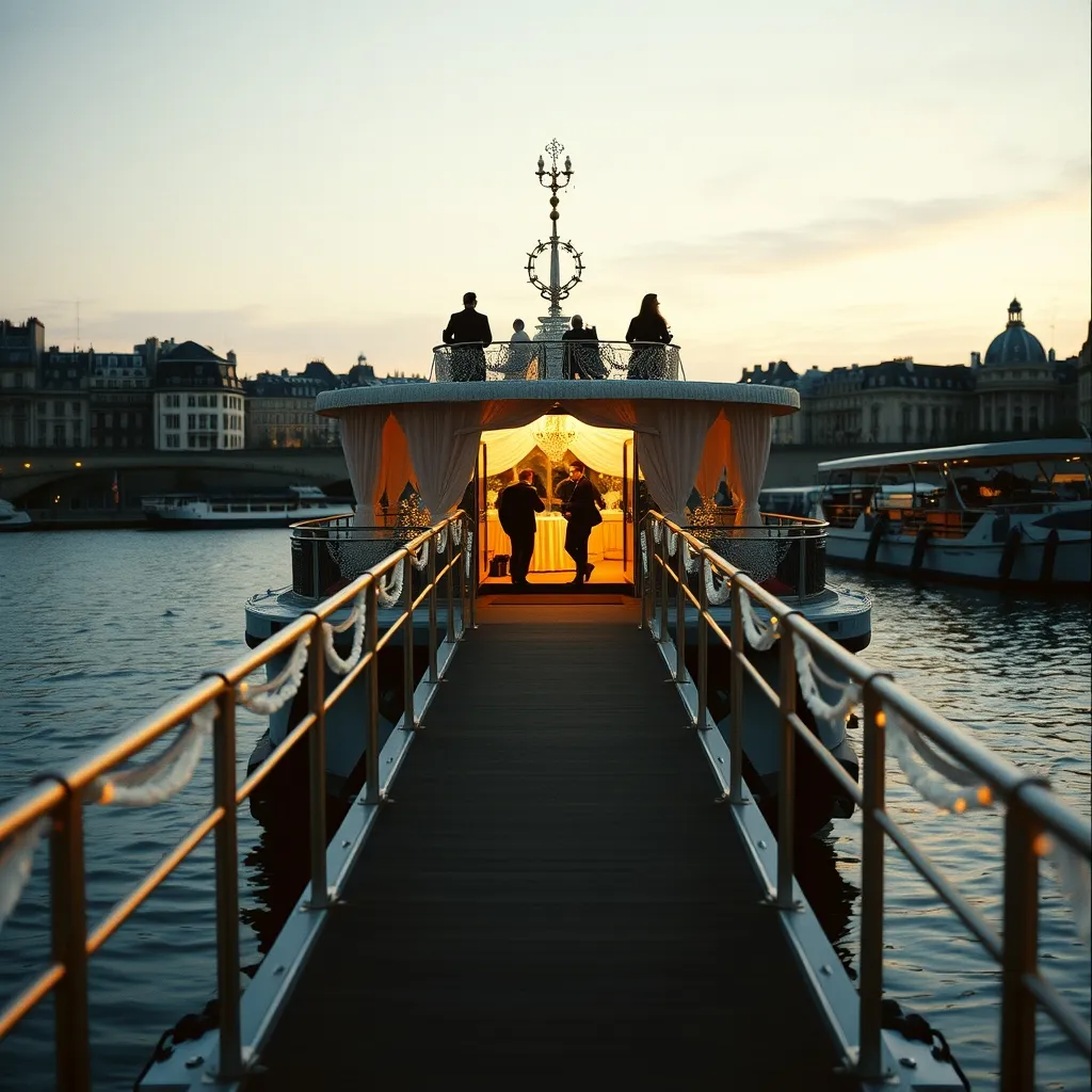 La passerelle d'embarquement d'une péniche privatisée en soirée sur les quais de Paris