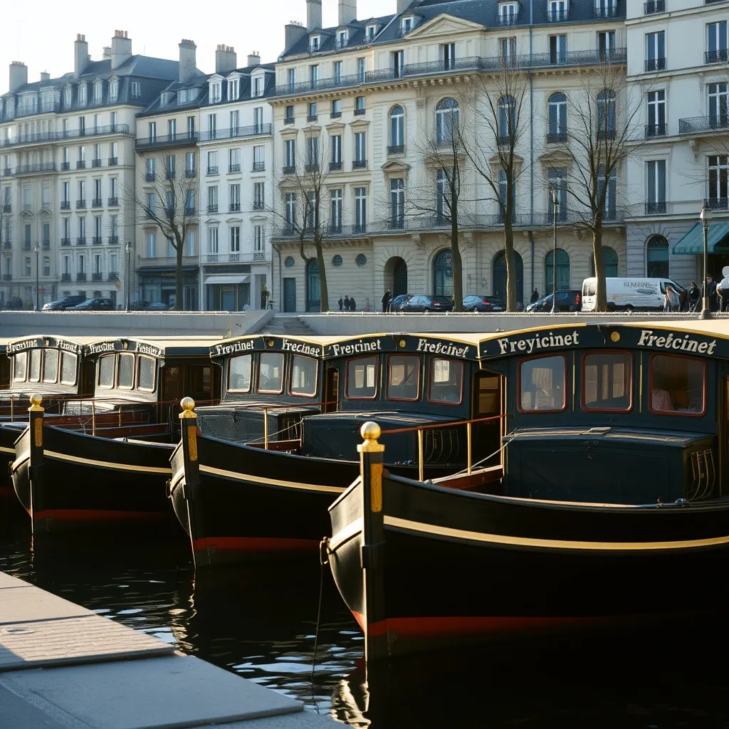 Péniches Freycinet alignées le long d'un quai parisien en pierre