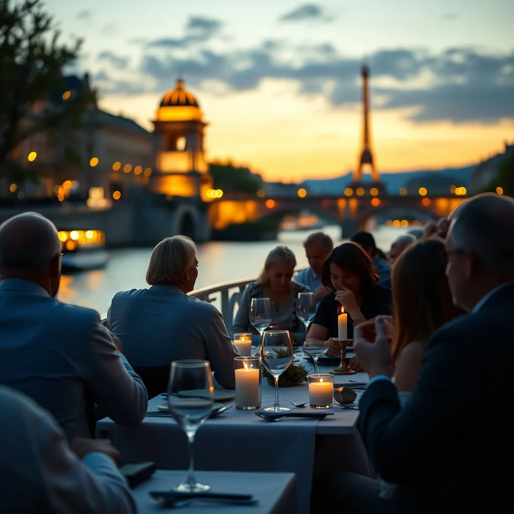 Dîner-croisière sur une péniche parisienne avec les ponts illuminés en arrière-plan