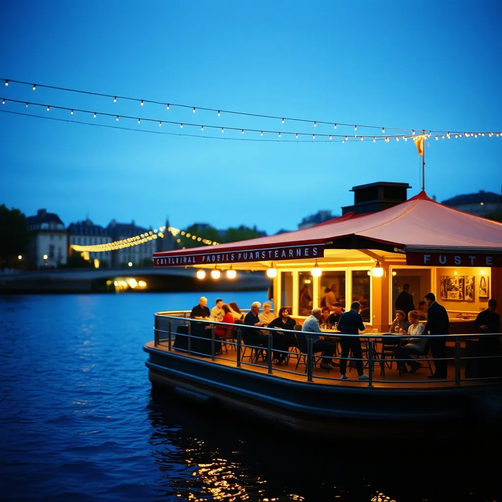Péniche culturelle avec terrasse animée sur le bassin de la Villette