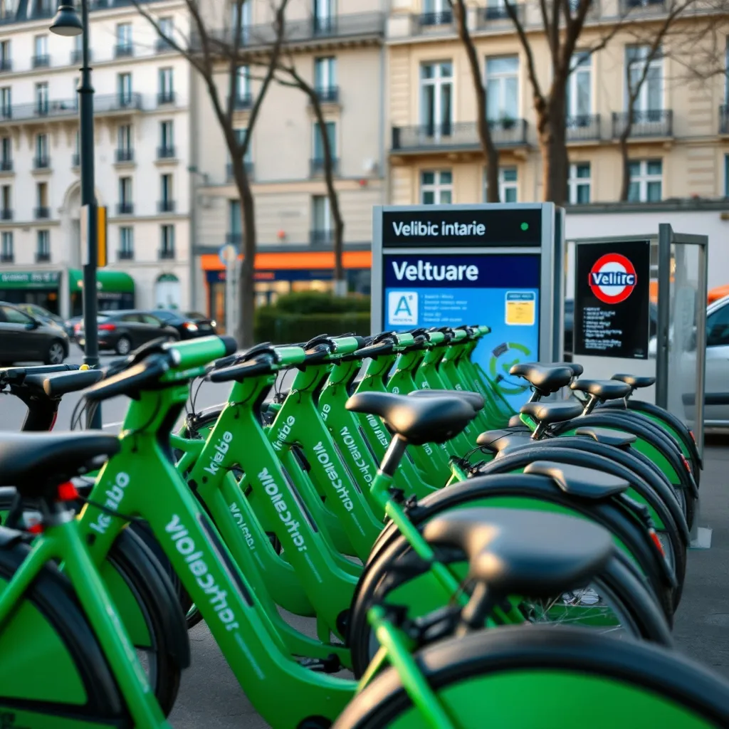 Station Vélib' avec vélos électriques à proximité d'une entrée de métro parisien