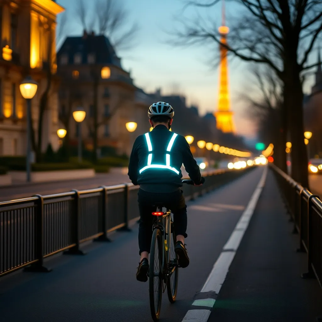 Cycliste équipé roulant sur une piste protégée parisienne en fin de journée