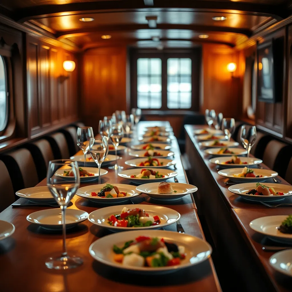 Buffet traiteur dressé dans le salon intérieur d'une péniche événementielle parisienne