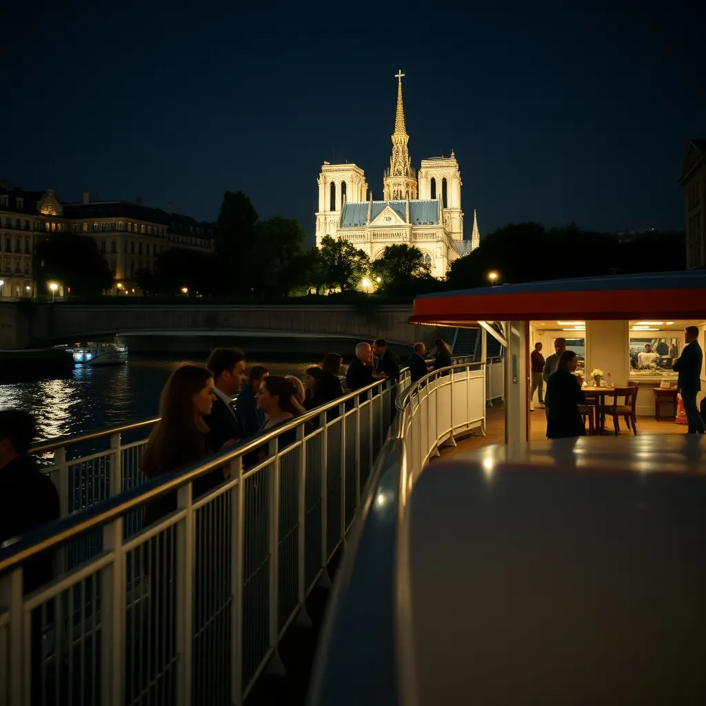Pont supérieur d'une péniche de croisière avec Notre-Dame illuminée en arrière-plan