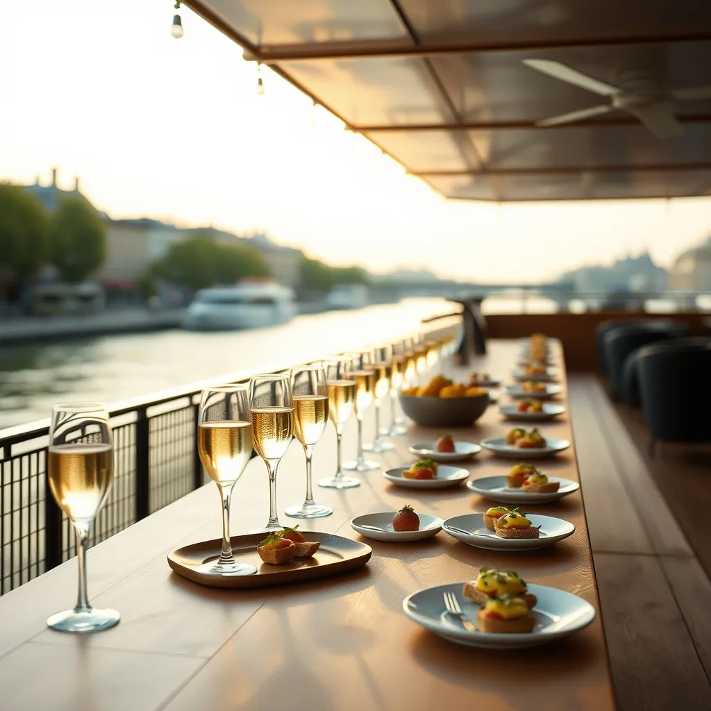 Buffet cocktail dressé sur le pont d'une péniche parisienne
