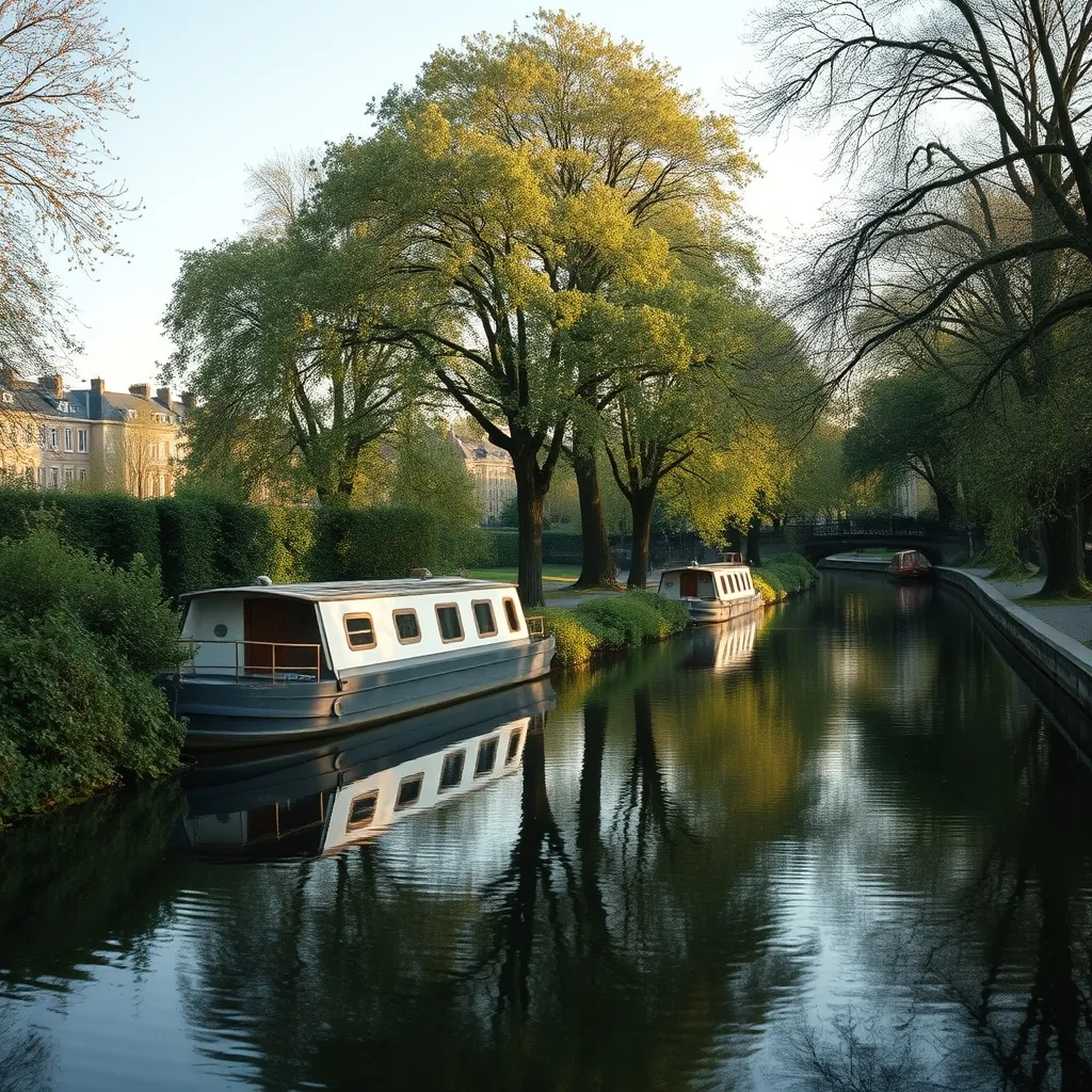Péniche amarrée sur les berges arborées de la boucle nord-ouest de la Seine