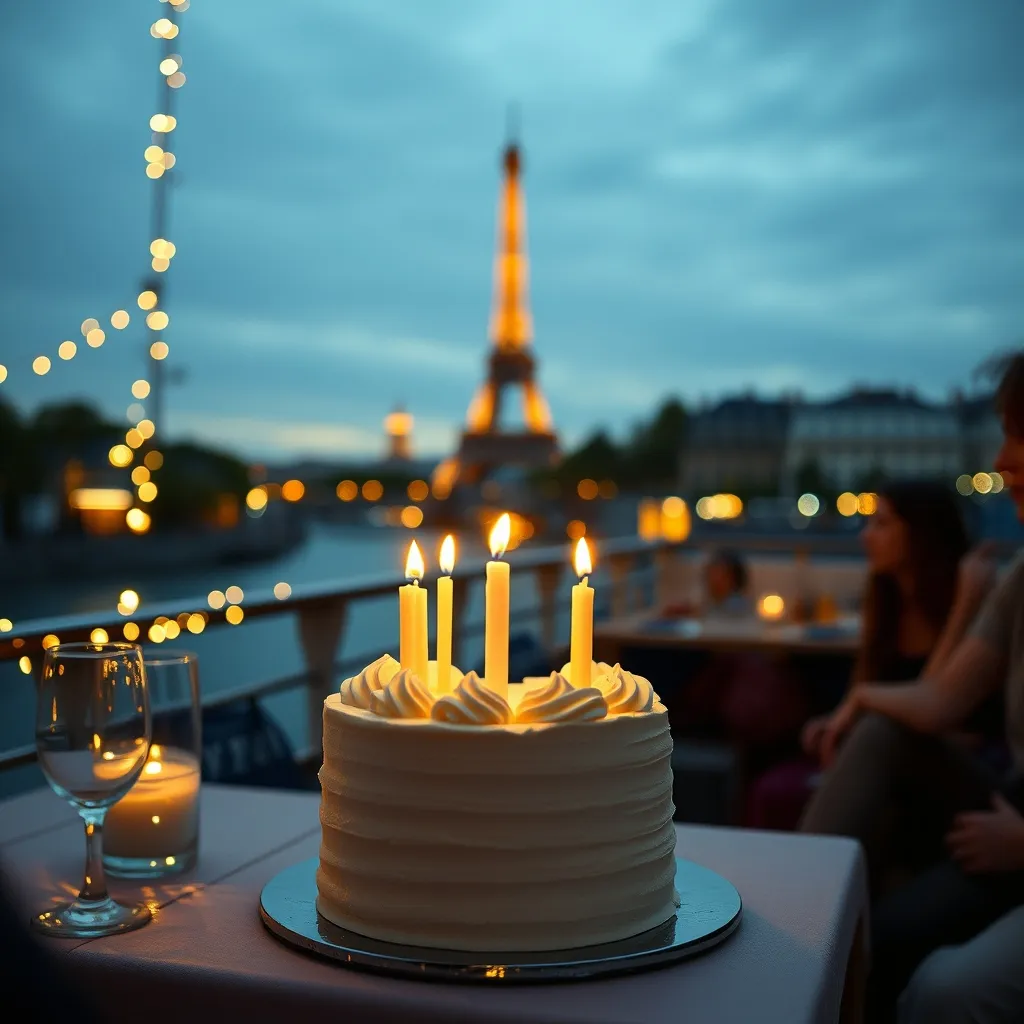 Gâteau d'anniversaire sur le pont d'une péniche avec vue sur Paris en arrière-plan
