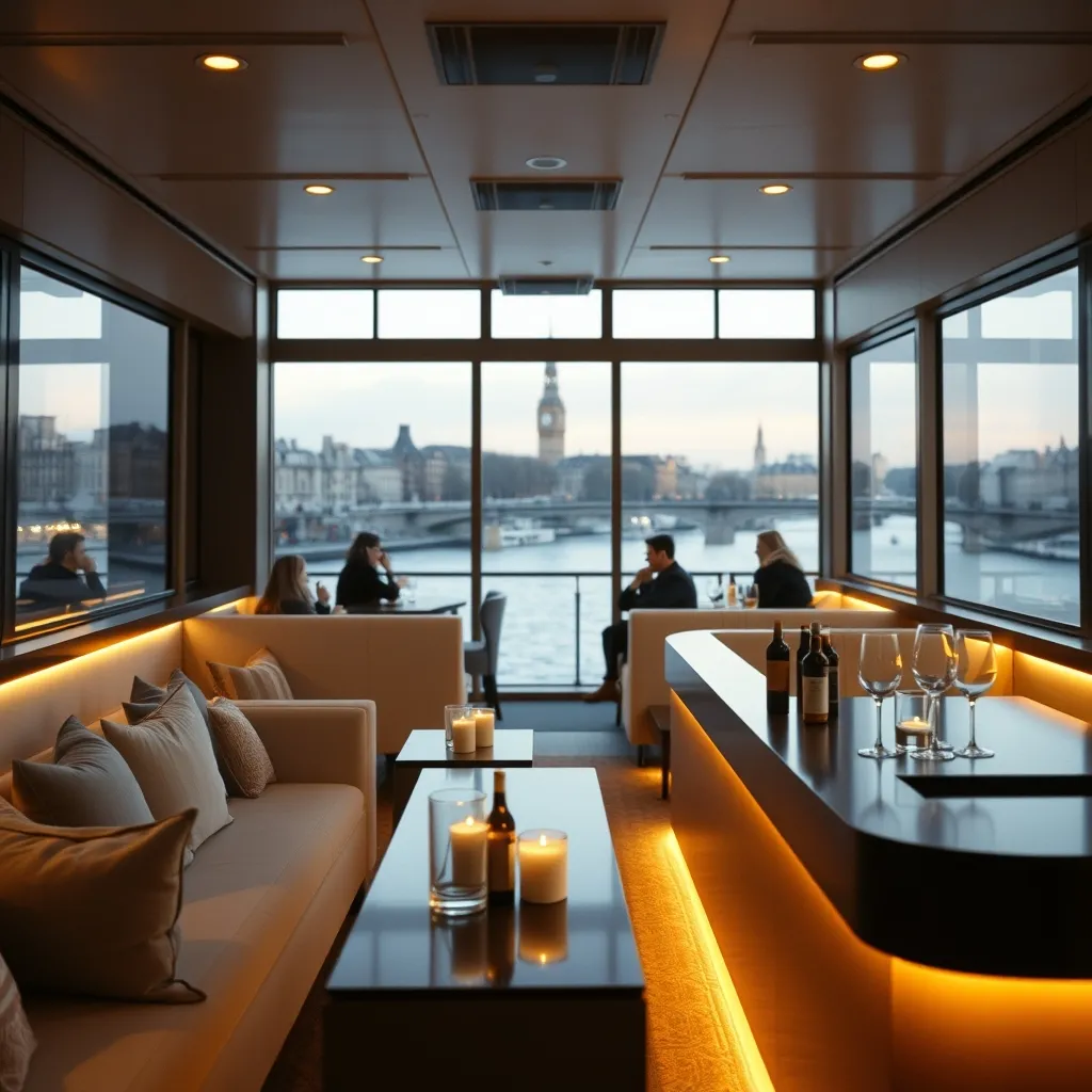 Intérieur d'un bateau-salon contemporain aménagé pour une réception privée