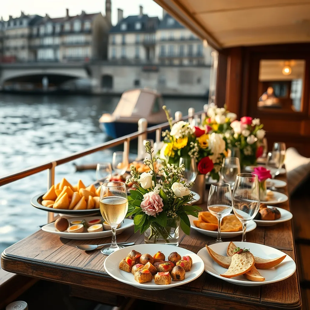 Buffet dînatoire dressé sur le pont d'une péniche traditionnelle parisienne