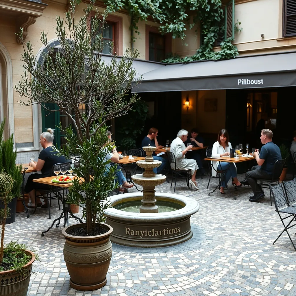 Patio intérieur d'un restaurant parisien avec fontaine et mosaïques au sol