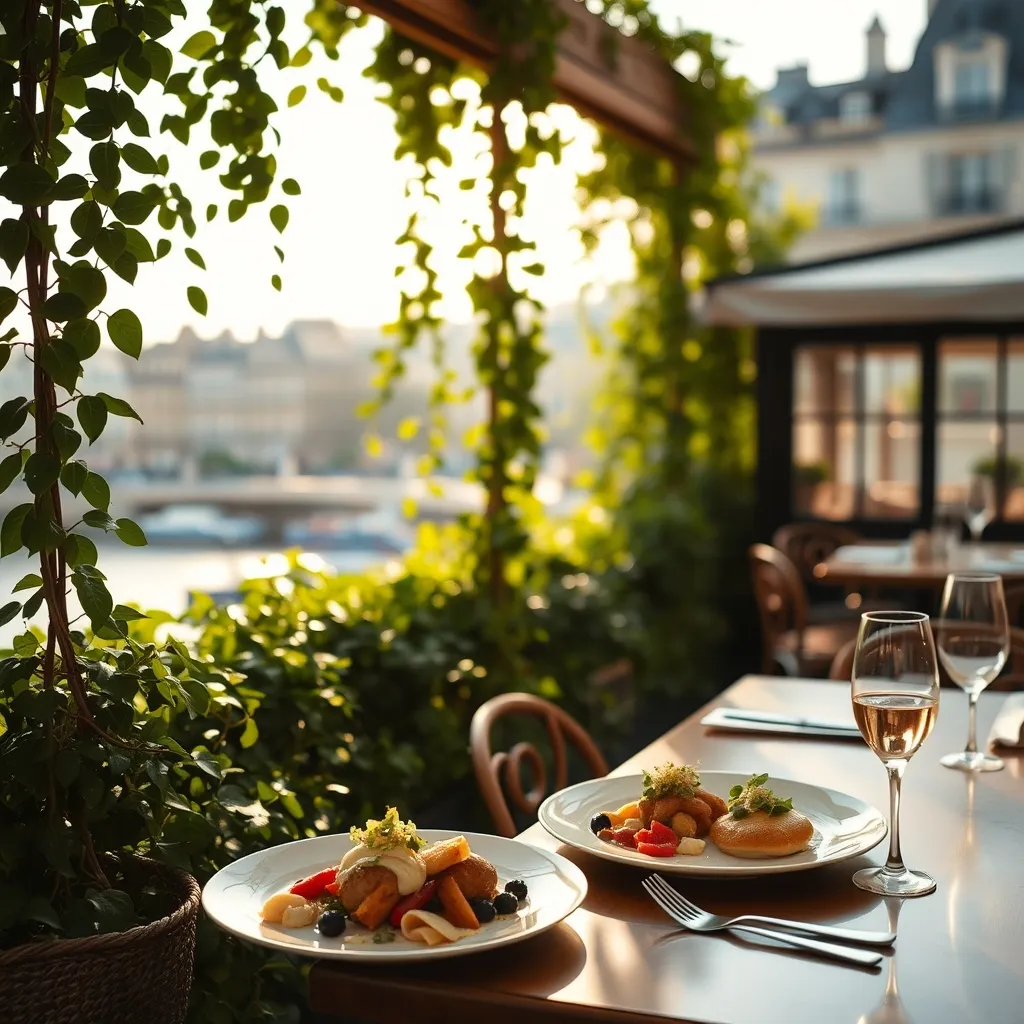 Terrasse-jardin d'un restaurant avec vue sur la Seine et les toits de Paris
