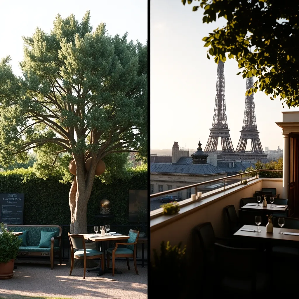 Deux ambiances distinctes : jardin ombragé de quartier et terrasse panoramique avec vue sur la tour Eiffel