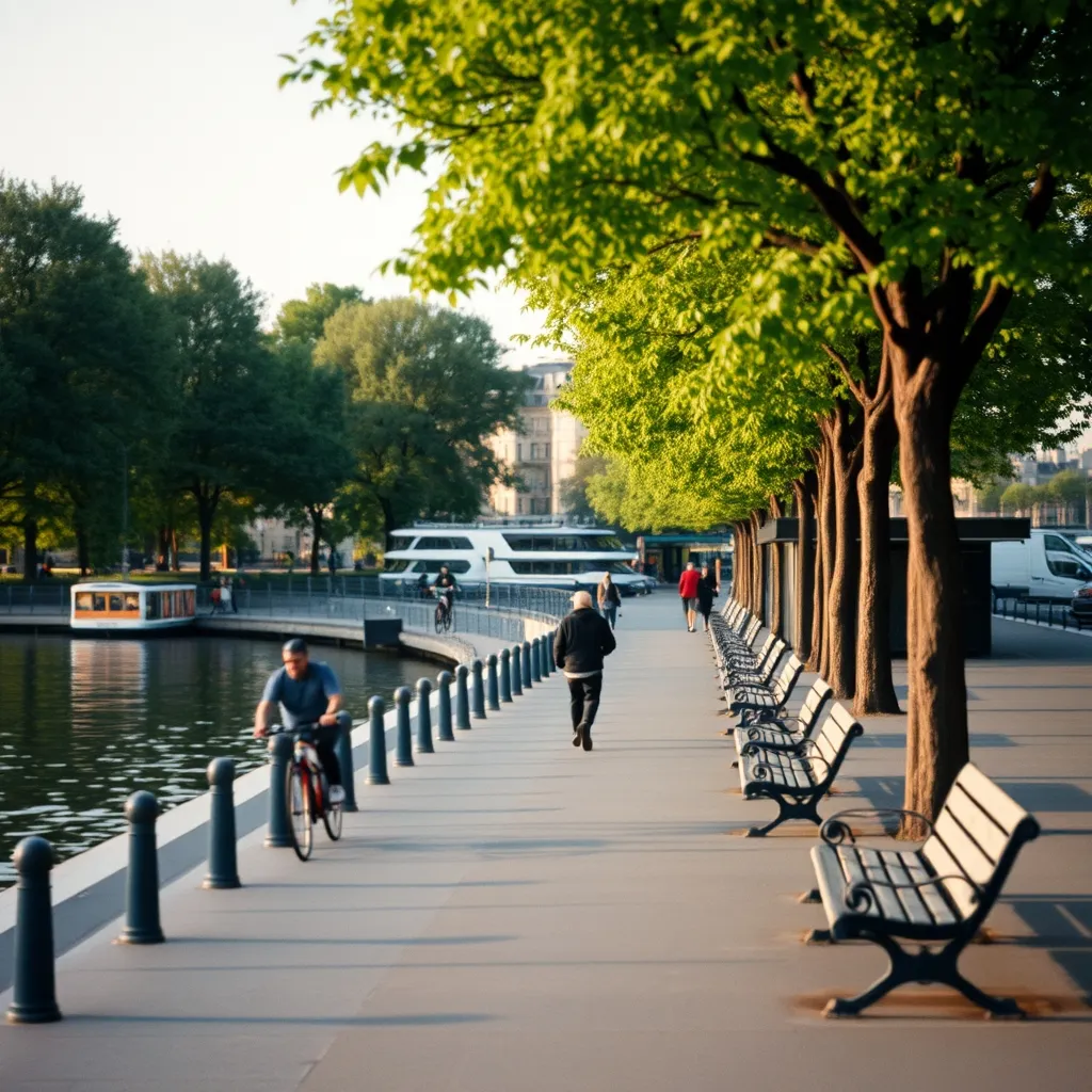 Les quais réaménagés du 15e arrondissement avec péniches-restaurants amarrées le long de la promenade piétonne